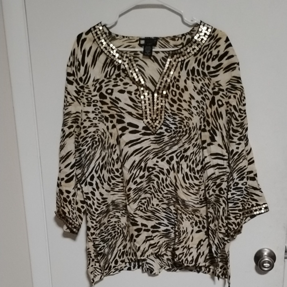 Cream and Brown Animal Print V-Neck Bell Sleeve Blouse
